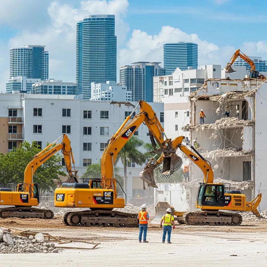 Demolition site in Fort Lauderdale with construction equipment and workers